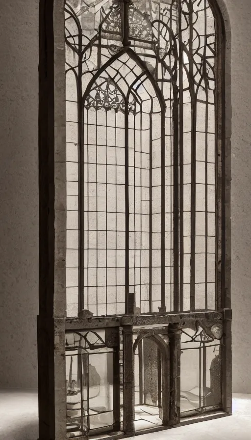 Prompt: stereotomy cut blocks iron and glass by Filippo Brunelleschi and Carlo Scarpa. A diorama of a courtyard surrounded by vaulted arches on display in a museum vitrine. Dramatic lighting . Bell jar. Awe, wow, highly detailed, product photography, well lit, 8k