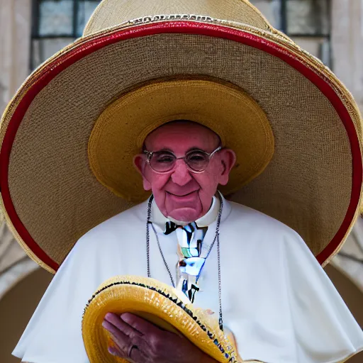 Image similar to pope john paul the 2 nd wearing a sombrero holding a taco, ( sony a 7 r iv, symmetric balance, polarizing filter, photolab, lightroom, 4 k, dolby vision, photography awardm, voque, perfect face )