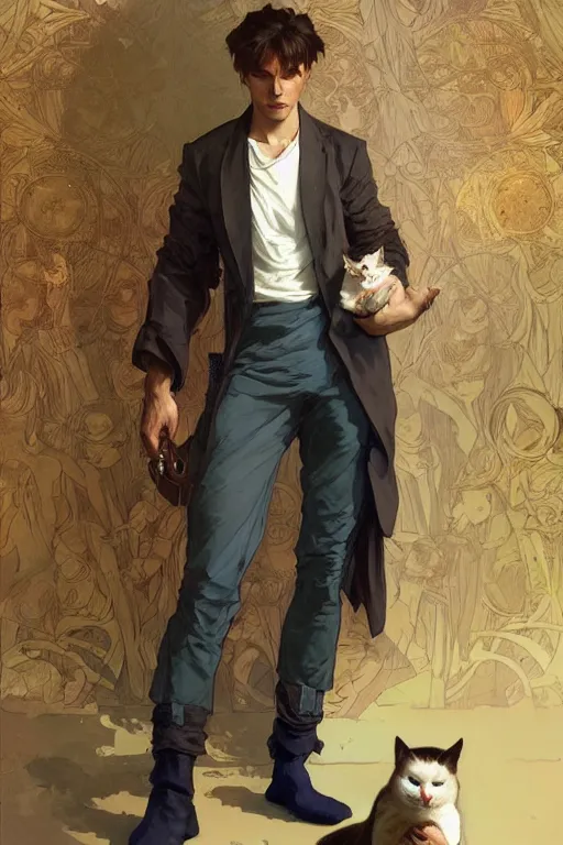 Image similar to full body portrait of a single beautiful young fit man, modern haircut, open shirt, large pants, holding a cat. by greg rutkowski and alphonse mucha, d & d character, in front of a modern room background, highly detailed portrait, digital painting, artstation, concept art, smooth, sharp focus ilustration, artstation hq