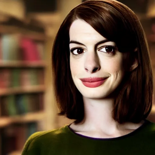 Image similar to portrait of anne hathaway as a harry potter character, nikon, bokeh, focus