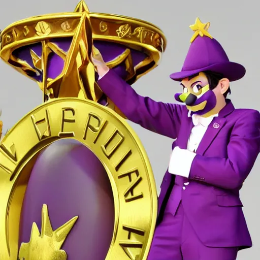 Image similar to Waluigi wins the Nobel Peace prize, giving a speech