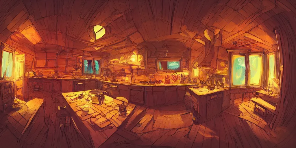 Prompt: epic illustration fisheye lens of a wooden kitchen dim lit by 1 candle in a scenic environment by Anton Fadeev and Steve Purcel