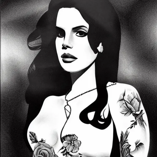 Image similar to Lana del rey tattoo design, photorealistic, dramatic