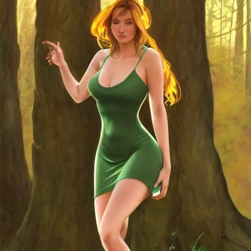 Prompt: full body portrait of a female wearing a skintight dress in a forest, large thighs, perfect face, beautiful! coherent!, intricate, elegant, highly detailed, digital painting, artstation, smooth, sharp focus, illustration, art by artgerm and greg rutkowski and alphonse mucha, 8 k