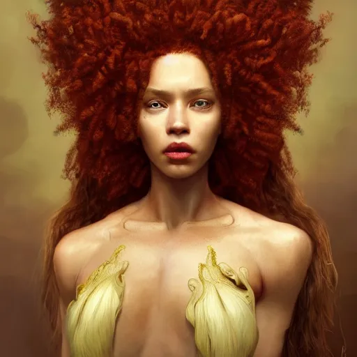 Image similar to character design, a portrait of a queen with long dark curly red hair, stoic, brown skin, alone, dramatic, epic painting, painted by wlop, cgsociety, beautiful, artbreeder, 3 d render, artstation, maximalist fashion dress, full body, octane render, sharpness, 8 k, golden ratio