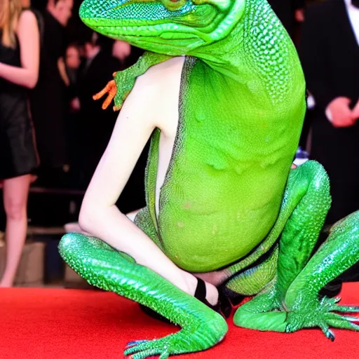 Prompt: A photograph Emma Stone transforming into a green wet lizard, terrified or angry face.