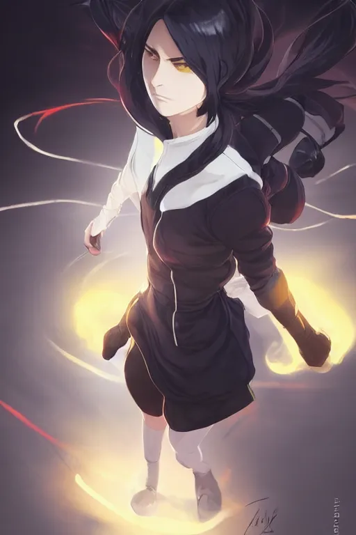 Image similar to black ponytail hair, pale woman in a black zipper jacket, yellow eyes, by artgerm, hair tied in a ponytail, white backdrop, soft lighting, fighting pose, by greg rutkowski makoto shinkai takashi takeuchi