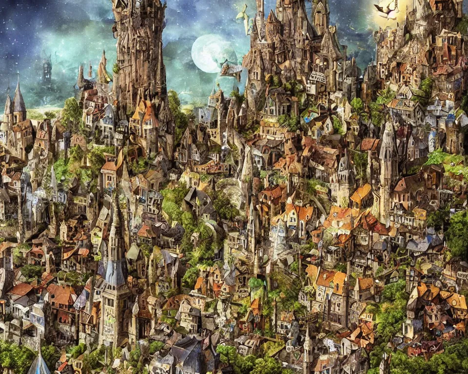 Image similar to medieval fae city, magical, faerie, fanciful