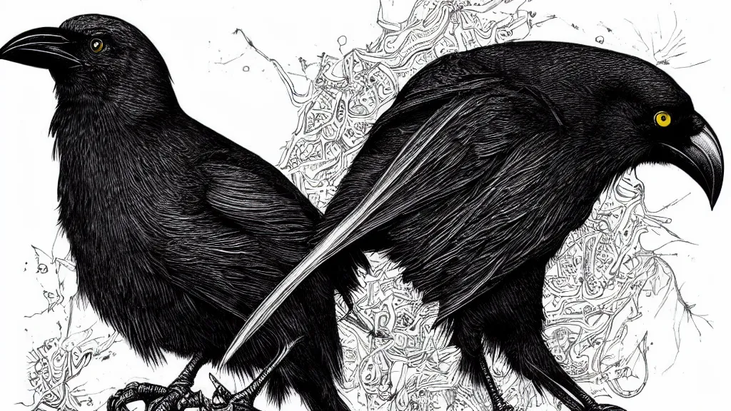 Prompt: highly detailed illustration of a crow by aaron horkey