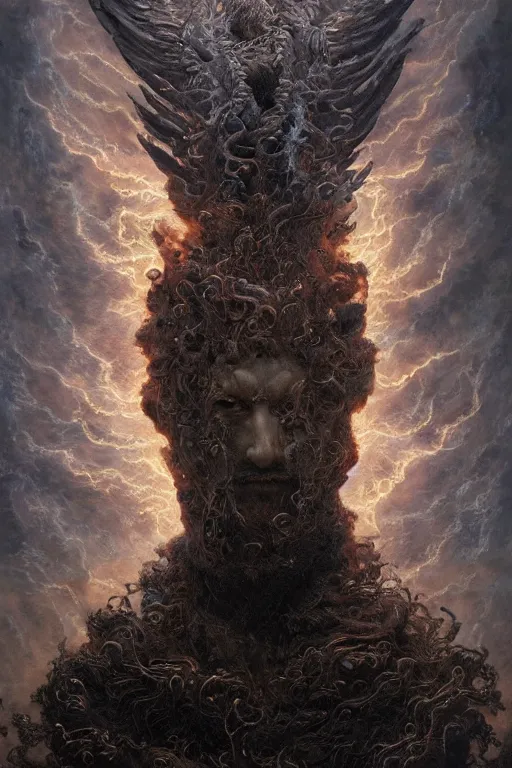 Image similar to Intricate stunning highly detailed fire deity by agostino arrivabene, Greg Rutkowski, sculpture, ultra realistic, Horror vacui, beautiful lighting, full moon, ravens, thick black swirling smoke tornado, burning fire embers, artstation