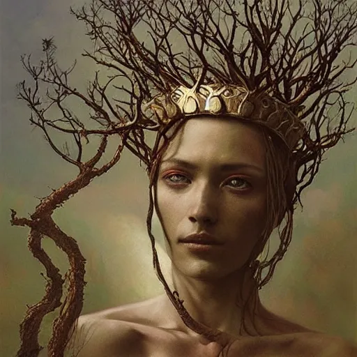 Prompt: priestess wearing a crown of twisting branches, by beksinski and artem demura and krenz cushart and john collier