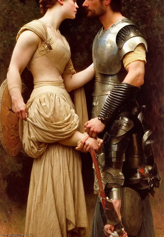 Image similar to attractive handsome fully clothed jaime lannister confesses his love and kisses attractive fully armored brienne of tarth. two knights in love. highly detailed painting by gaston bussiere and j. c. leyendecker and william adolphe bouguereau, musee d'orsay 8 k