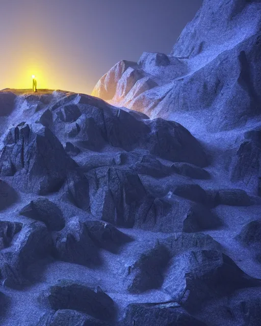 Image similar to a man standing in the middle of a mountain looking at a glowy shape, a render by filip hodas, behance contest winner, environmental art, rendered in cinema 4 d, volumetric lighting