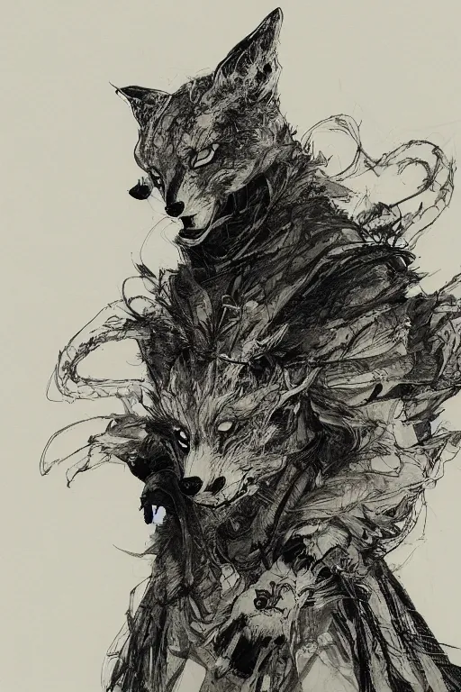 Image similar to portrait of a man in kitsune demon fox mask and black suit, pen and ink, intricate line drawings, by craig mullins, ruan jia, kentaro miura, greg rutkowski