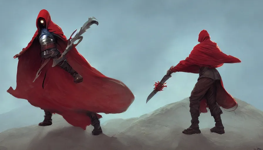 Image similar to no face warrior holding twin swords, levitating sand, full body worn out damaged cape, red hoodie, worn out clothes, by caspar david friedrich by james gilleard and justin gerard, artstation, smooth, sharp focus, by jean baptiste, octane render