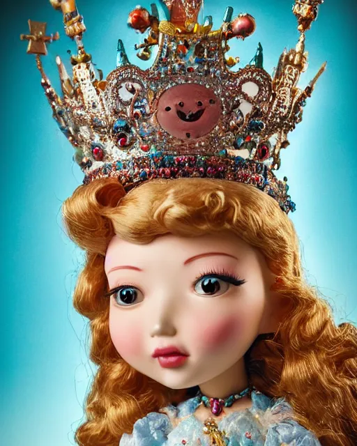 Image similar to highly detailed closeup, face profile portrait of a tin toy fairytale princess wearing a crown and sitting on a throne, bikini, depth of field, fashion photoshoot by nicoletta ceccoli, mark ryden, lostfish, dan decarlo, bob clampett, max fleischer, breathtaking, detailed and intricate environment, 8 k resolution, hyperrealistic, octane render
