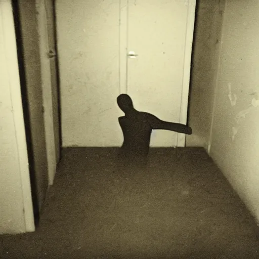 Prompt: a cursed creepy Photograph of an old black room with a crying mannequin and a ghost, dust in the air, brown wood cabinets, SCP, taken using a film camera with 35mm expired film, bright camera flash enabled, award winning photograph, sleep paralysis demon crabwalking towards camera, creepy, liminal space, in the style of the movie Pulse