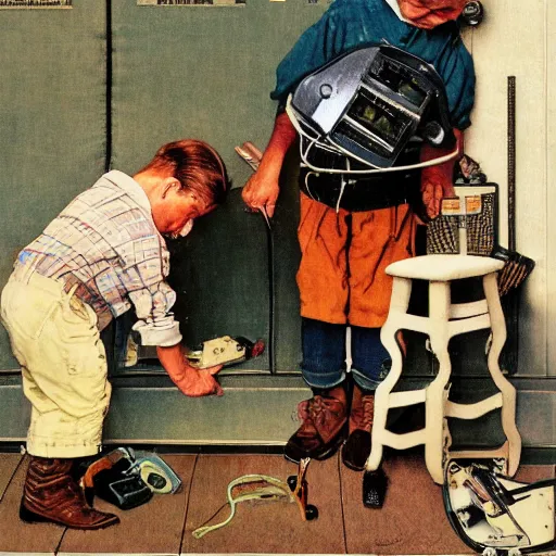 Image similar to a Norman Rockwell painting of a boy fixing his robot