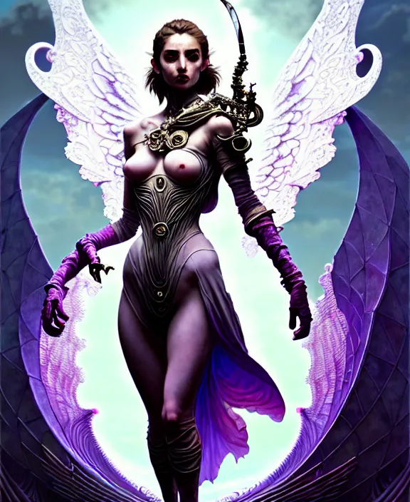 Image similar to beautiful fantasy character portrait, ana de armas, ultra realistic, wide angle, intricate details, the fifth element artifacts, tesseracts, highlights of purple, highly detailed by peter mohrbacher, hajime sorayama, wayne barlowe, boris vallejo, paolo eleuteri serpieri, dishonored 2, white gown, angel wings