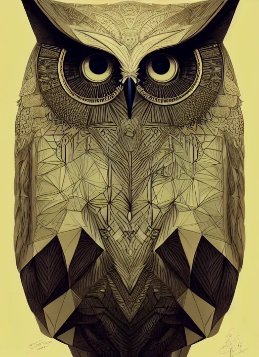 Image similar to portrait of a geometric owl, identical eyes, medium shot, illustration, full body made of white feathers, symmetrical, art stand, super detailed, cinematic lighting, and its detailed and intricate, gorgeous, by peter mohrbacher