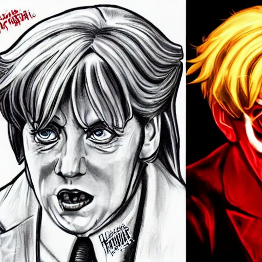 Prompt: angela merkel is a alucard in hellsing, airbrush concept art, drew struzan illustration art, key art, movie poster