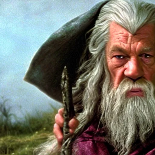 Image similar to gandalf with a pink bowtie on his head, movie still from Lord of the Rings