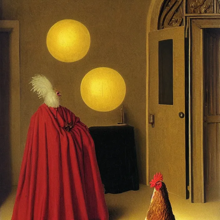 Prompt: a chicken in a hall with a glowing orb at the end, glowing orb door, by jan van eyck