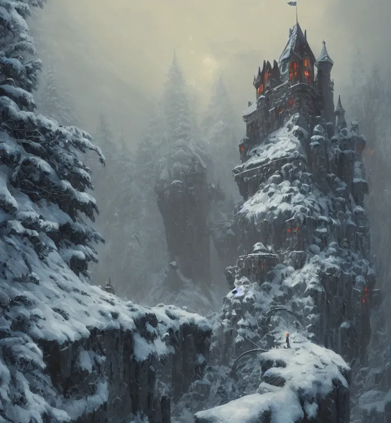 Image similar to a painting of a castle in the middle of a snowy mountain, a detailed matte painting by andreas rocha and greg rutkowski, featured on artstation, fantasy art, matte drawing, matte painting, artstation hq