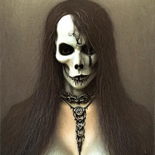 Image similar to a portrait of a mysterious death goddess with black eyes and a skull necklace, moody, dark, deep shadows, creepy, muted colors, highly detailed, intricate artwork, beautiful oil painting by Jean Delville