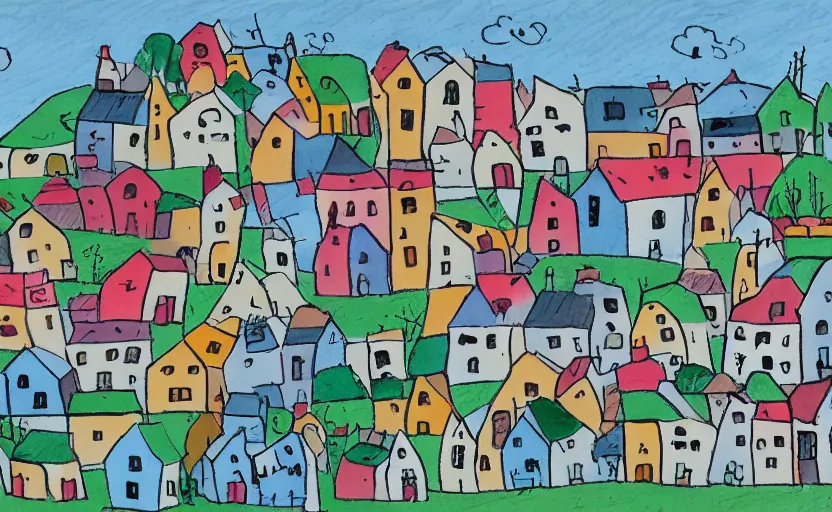 Prompt: village, houses with faces, discreet colour palette, naive, photorealistic drawing