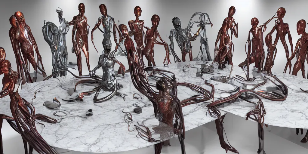 Image similar to !13 diverse aliens on !one_side of a !marble table, eating luxurios meals !!posing_as_last_supper cinematic lighting, their clothes are high tech suits, intricate cables adorne their bodies and heads, detailed implants, satin, crystal, liquid, surreal, floating, !!highly detalied, 4k, artstation, by Rolf Armstrong