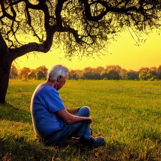 Image similar to 8k photograph. old man sitting under an oak tree he planted as a child. National Geographic. Sunset. Nature.