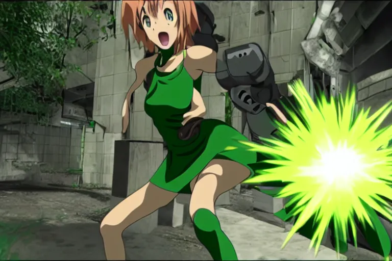 Prompt: an green anime girl in a screenshot of the video game doom, the anime girl is crouching, detailed