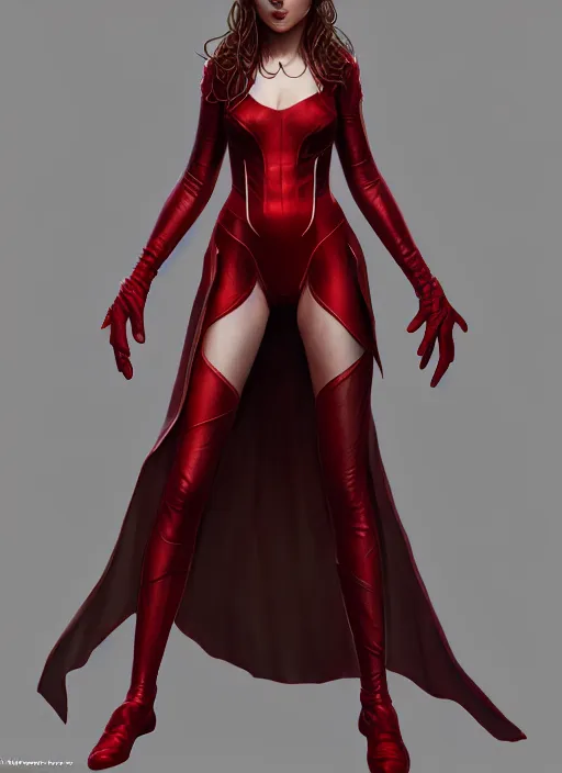 Prompt: Scarlet Witch, full body portrait, hyper detailed, digital art, trending in artstation, cinematic lighting, studio quality, smooth render, unreal engine 5 rendered, octane rendered, illustration, art by wlop and klimt and krenz cushart