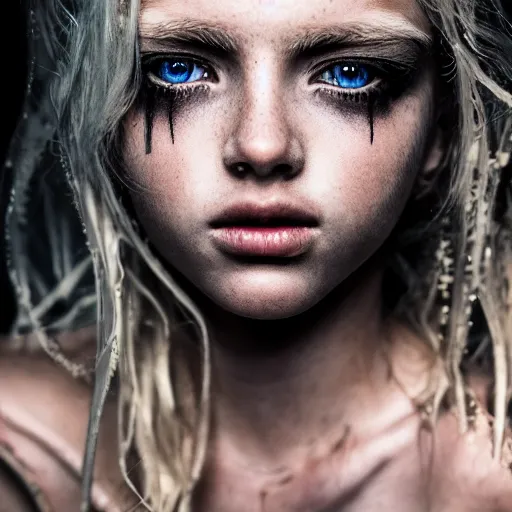 Image similar to A gorgeous blonde, grungy, unkept hair, glowing eyes, modelsociety, wet from rain, radiant skin, huge anime eyes, bright on black, dramatic, studio lighting, perfect face, intricate, Sony a7R IV, symmetric balance, polarizing filter, Photolab, Lightroom, 4K, Dolby Vision, Photography Award