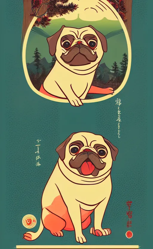 Image similar to hanafuda pug, a big red charm is floating above a forest of japanese pines, a big red sun in the background, original style, front game card, vector line art, trending on behance, concept art, stunning, matte