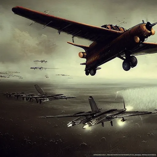 Image similar to huge steampunk aircraft in battle, sky, explosions, dense fog, jakub rozalski