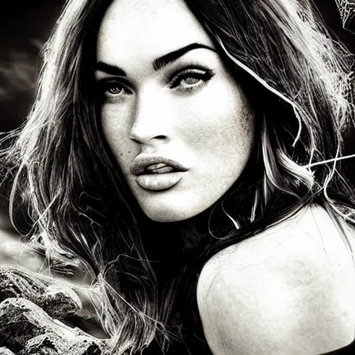 Image similar to megan fox face in beautiful mountains, double - exposure effect, in the style of dan mountford, amazing detail, black and white