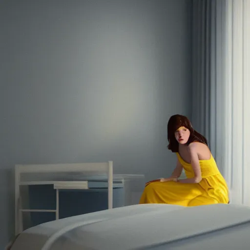 Image similar to A girl with dark hair in a yellow nightgown sits on a bed in a room with light gray walls, sunset light, by edward hopper. cinematic, hyper realism, high detail, octane render, 8k, iridescent accents