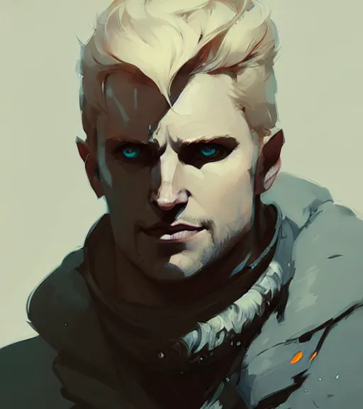 Image similar to portrait of cullen from dragon age by atey ghailan, by greg rutkowski, by greg tocchini, by james gilleard, by joe fenton, by kaethe butcher, dynamic lighting, gradient light blue, brown, blonde cream and white color scheme, grunge aesthetic