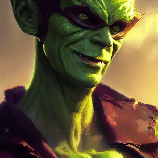 Prompt: the green goblin closeup portrait, dramatic light, lake background, 2 0 0 mm focal length, painted by stanley lau, painted by greg rutkowski, painted by stanley artgerm, digital art, trending on artstation