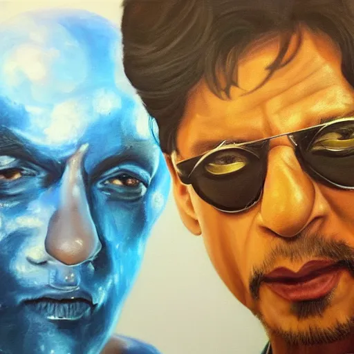 Prompt: a realistic painting by Raffaello Sanzi depicting Shahrukh Khan with the head of the symbiotic Metalder in the Renaissance,smooth,Sharp focus, trending on Artstation.