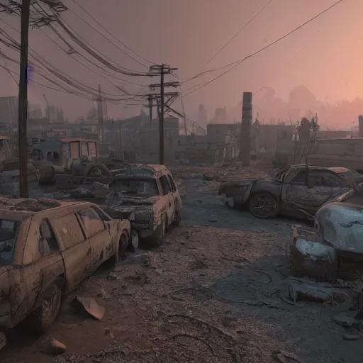 Image similar to apocalyptic wasteland with an economy using every resource to survive, 3d render, Unreal Engine, octane render, ray tracing, Unity, highly detailed, high quality, HD, 4k, 8k, realistic, sharp, trending