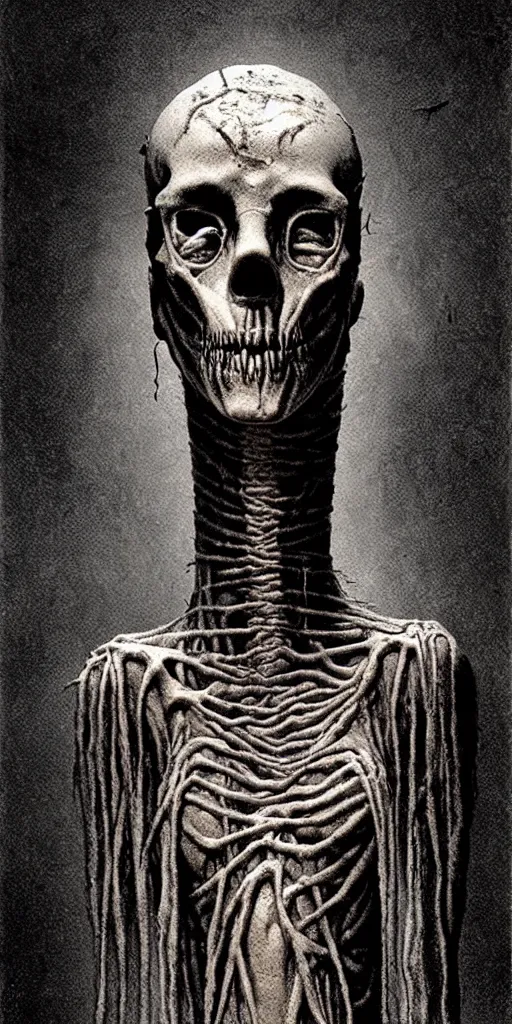 Prompt: illustration of Sirenhead, tall humanoid skeletal creature covered in mummified flesh with two old siren speakers for a head, highly detailed, cinematic atmosphere, dramatic lighting, horror, creepy, folklore, by Beksiński,