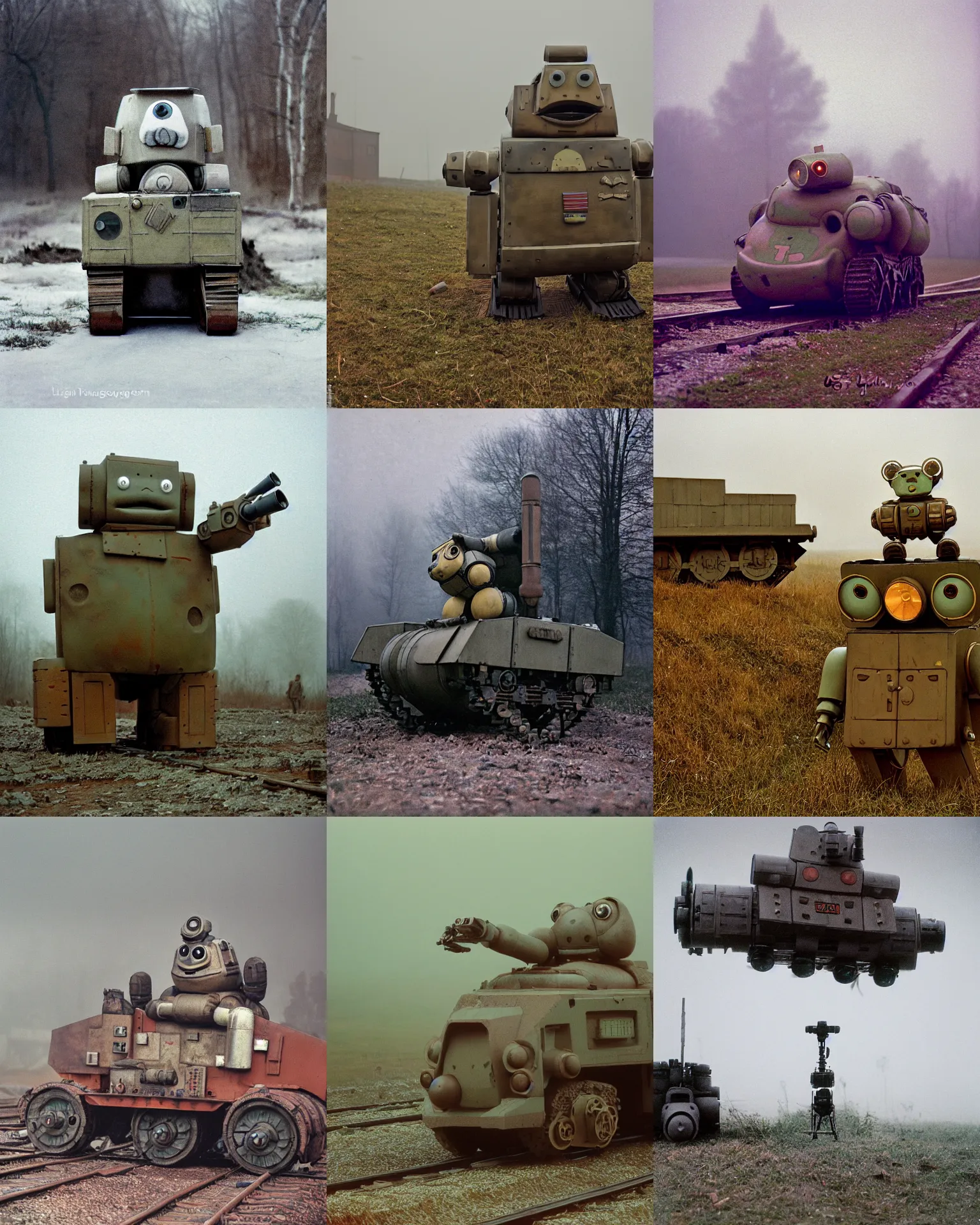 Prompt: giant oversized chubby bulky armored train toad dog robot mech, with big toad eyes , rocket launcher , on a village , Cinematic focus, fujicolor photo, vintage, neutral colors, soft lights, foggy, panorama by by Serov Valentin, by lisa yuskavage, by Andrei Tarkovsky