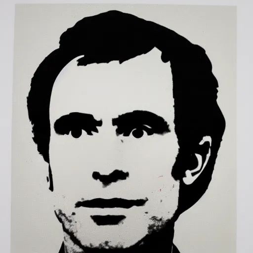 Image similar to individual silk screen portrait of ted bundy by andy warhol