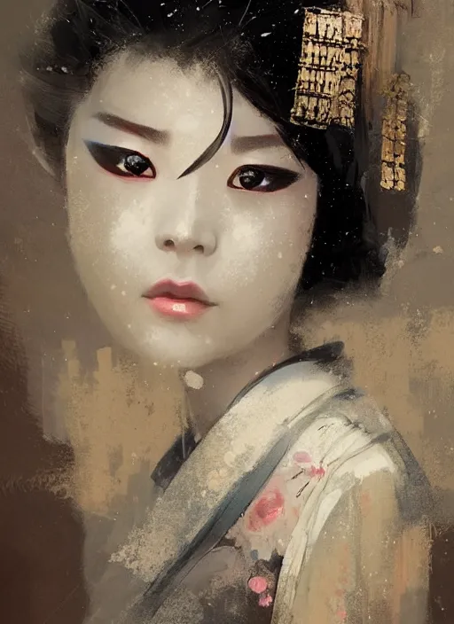 Image similar to female geisha girl, beautiful face, intricate outfit, spotlight, by greg rutkowski, by jeremy mann, digital painting