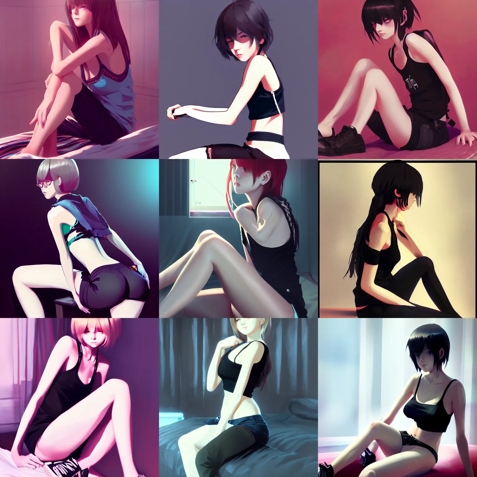 Prompt: sexy teen girl, wearing a tanktop, sitting on her bed, black colors, highly detailed, in the style of and ilya kuvshinov and greg rutkowski, high quality anime artstyle, intricate