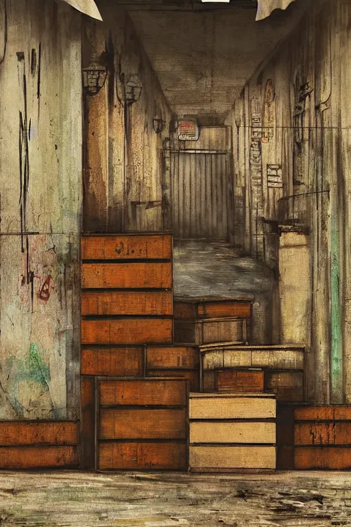 Prompt: a beautiful painting digital high detailed of a grungy back alley with wooden crates and dirt