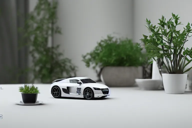 Image similar to a small miniature of a Audi R8 on a white table near a book and a vase with a plant, 3d render, unreal engine 5, octane render, 4k, low contrast, path tracing, serene landscape, calm, relaxing, beautiful landscape, highly detailed, high quality, product photo, hyperrealistic, concept art
